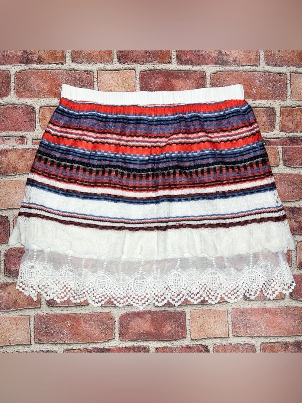 Pre-Owned California Moonrise White Colorful Embroidered Lace Lined Skirt Size M
